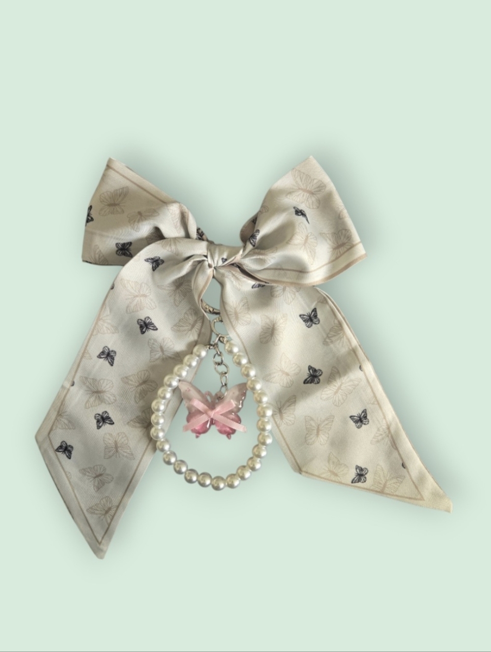 Bag Scarf And Pearl Bead Wrist Keychain with Pink Butterfly Charm Set